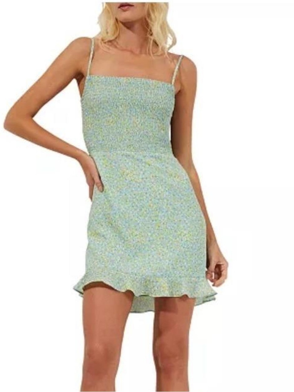 French Connection Green Floral Smocked Sundress with Ruffle Hem